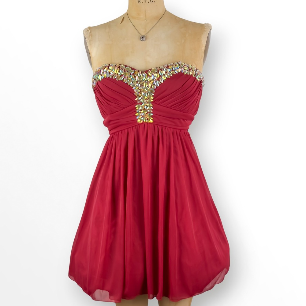 Y2K Strapless Rhinestone Mini Dress Red Chiffon‎ Gathered Skirt Prom Glam Size M